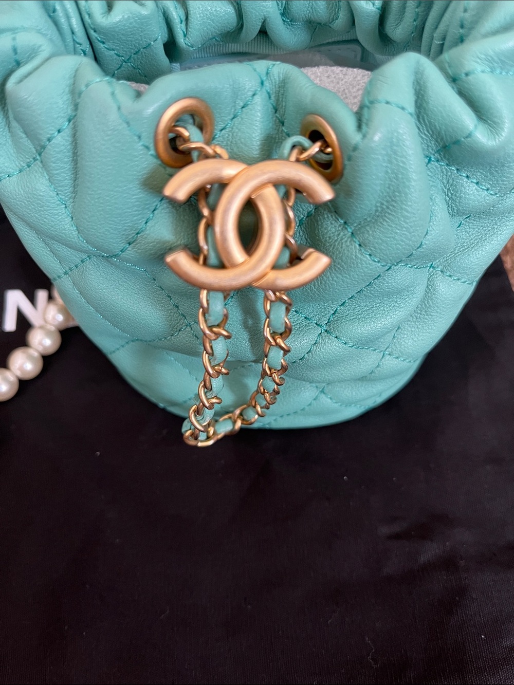 CHANEL Tiffany Blue Quilted Lambskin Mini Drawstring Bucket Bag with Pearl Chain - Picture 3 of 6